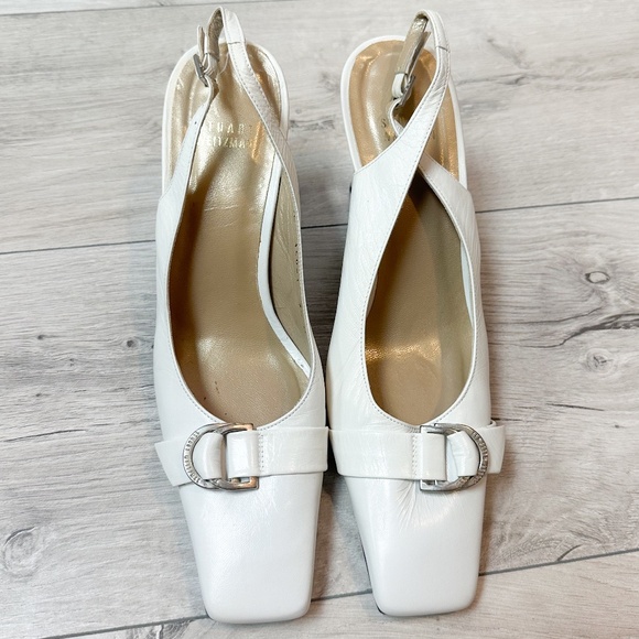 Stuart Weitzman White Leather Slingback Heels with Buckle Detail – Size 7.5 - Picture 1 of 11